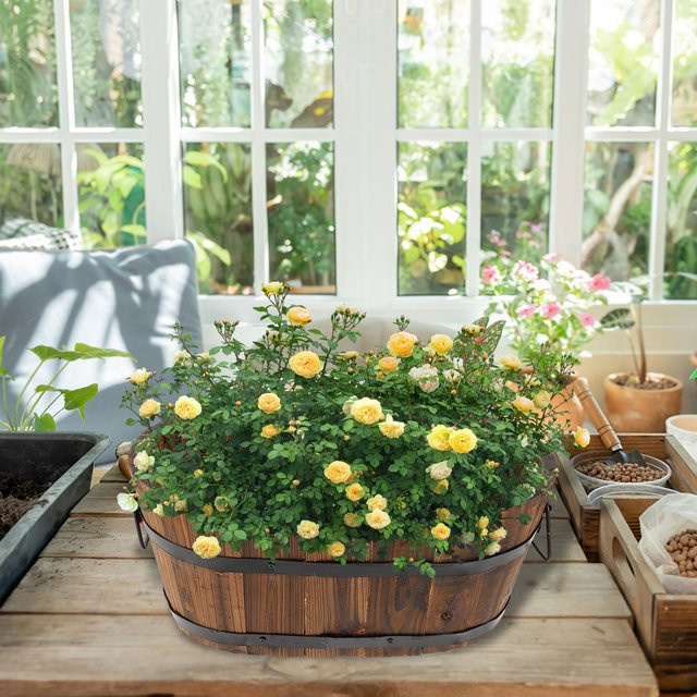 Rustikaler Blumentopf aus Holz in Braun im Fass-Design, ovaler Pflanzkübel für Garten und Innenbereich, B/T/H: 39,0 x 23,0 x 17,0 cm - Bild 1