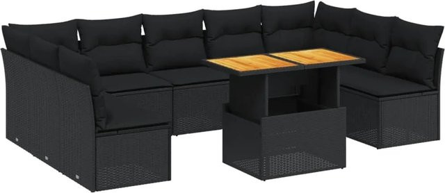 vidaXL 10-tlg. Garten-Sofagarnitur in L-Form aus Polyrattan und Akazienholz mit Kissen, Schwarz - Bild 1