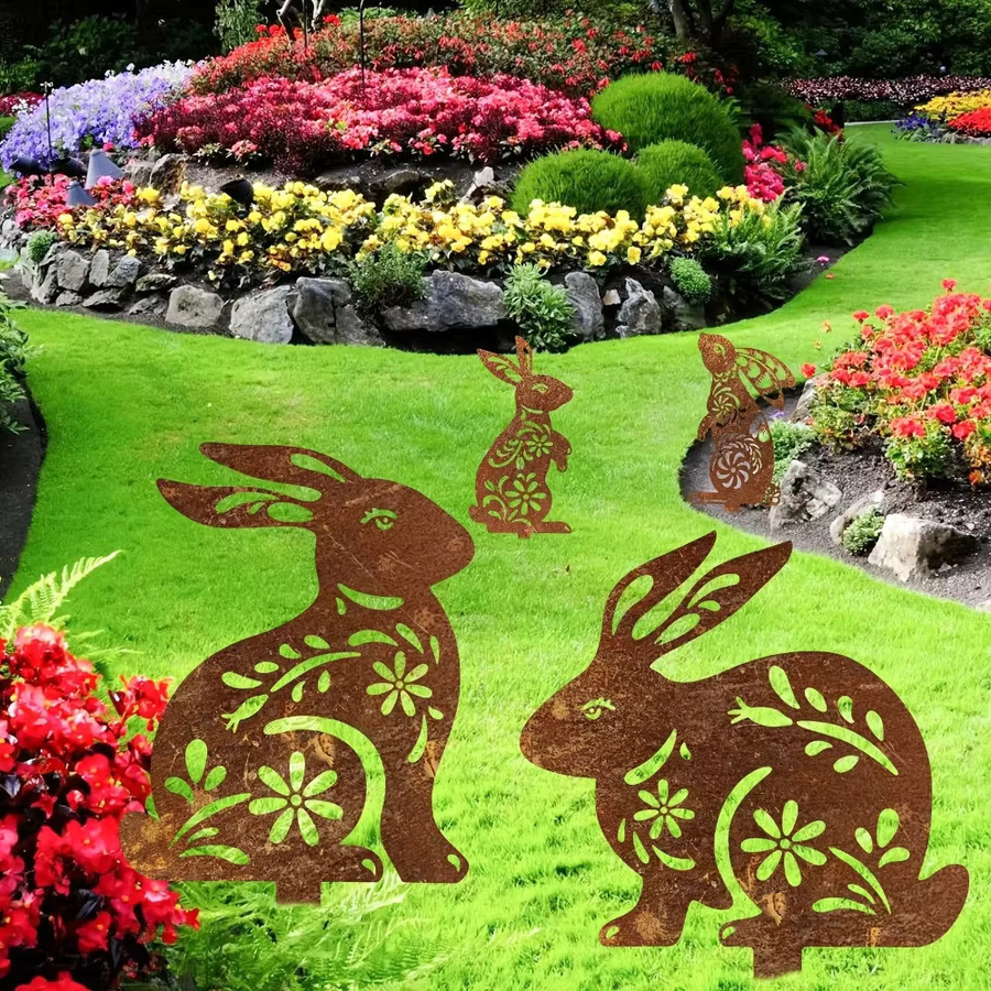 HELLOYOUNG Kaninchen-Gartenstecker aus Metall in braunem Rost-Finish für die Außendekoration - Bild 2