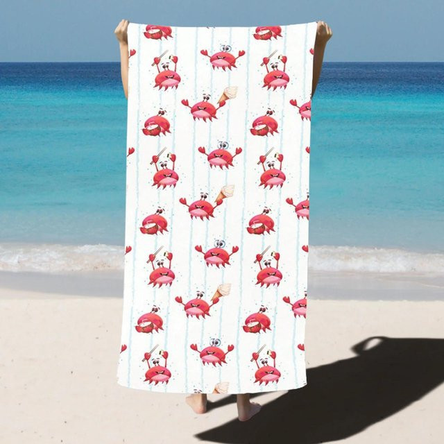 Sandfreies Strandtuch von JMG Household Supplies mit nautischem Streifenmuster und orangefarbenem Krabbenaufdruck, schnell trocknend und saugfähig, B/H: 80 x 160 cm - Bild 1