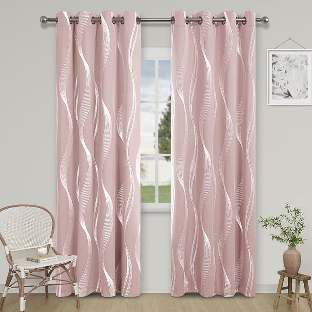 Yiran Furniture Verdunkelungsvorhang mit silbernem Wellenmuster, thermoisolierend, Farbe: Rosa/Silber, Breite: 132 cm, Höhe: 241 cm - Bild 1