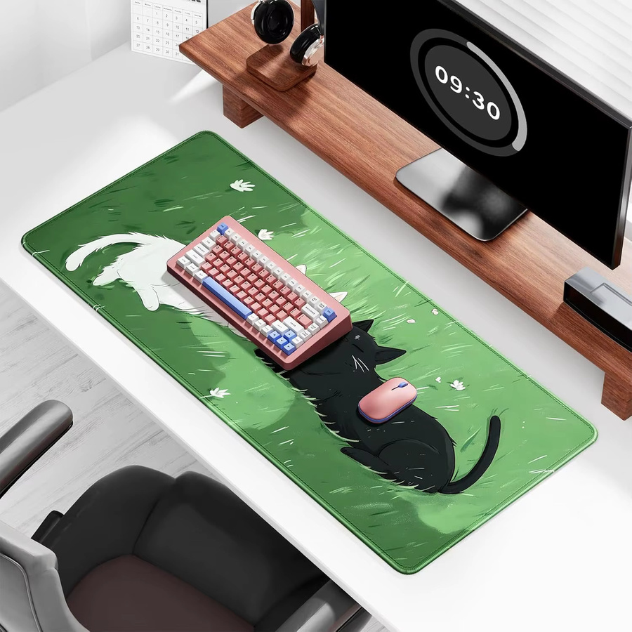 Cute Cat XXL Gaming-Mauspad in Grün, rutschfest und mit genähten Kanten für Desktop-, Laptop- und kabellose Mäuse - Bild 3