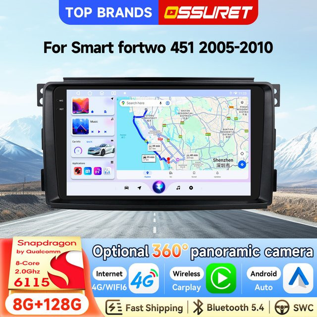 OSSURET Android 14 Autoradio für Smart fortwo 451 (2005-2010) mit 9 Zoll Display, Snapdragon 6115 Octa-Core, GPS, CarPlay, Android Auto, Bluetooth und 4G LTE in Schwarz - Bild 1