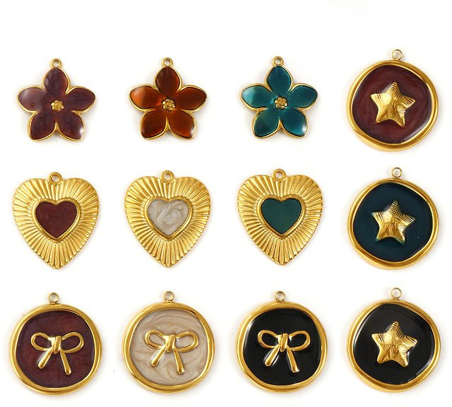 DoreenBeads Anhänger Edelstahl, 18 Karat vergoldet, Emaille, Blume Herz Schleife Pentagramm - Bild 1