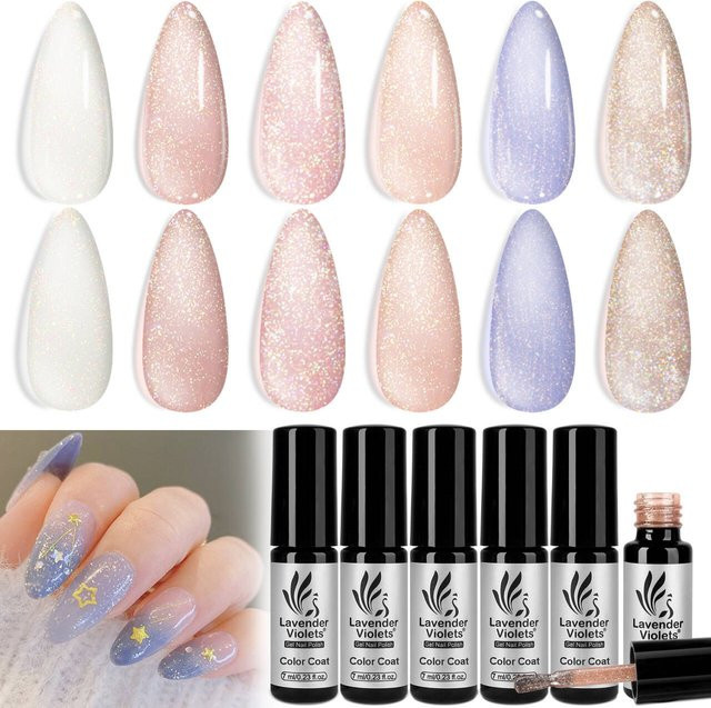 Lavender Violets Gel Nagellack Set, 6-teilig, Schimmernd, Nude Rosa Grau - Bild 1