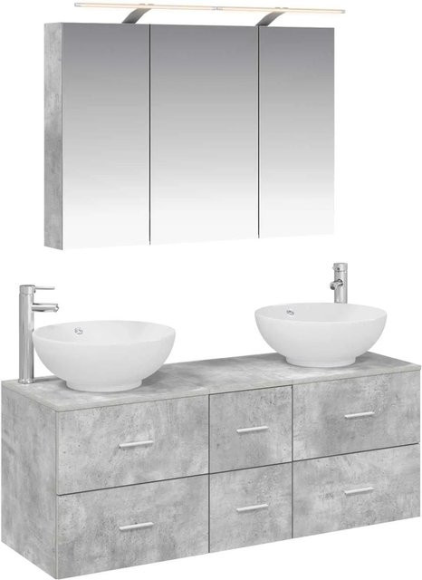vidaXL Badezimmermöbel-Set 4-teilig in Betongrau mit Waschtischunterschrank, Spiegelschrank mit LED-Beleuchtung und Seitenschrank aus Holz und Glas - Bild 1