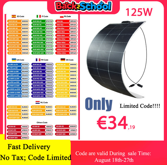 JINGYANGPV Flexibles Monokristallines Solarpanel 125W 250W 18V in Schwarz für 12V/24V Batterieladegeräte und Home System Kits in RV oder Boot - Bild 1