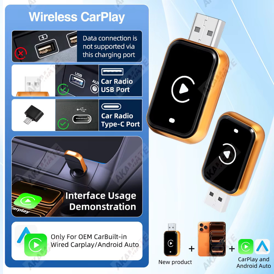 AKAMATE 2-in-1 Kabelloser CarPlay und Android Auto Adapter von kabelgebunden auf kabellos mit USB-C Anschluss für VW, Toyota, Kia, Nissan, Audi und Volvo - Bild 5