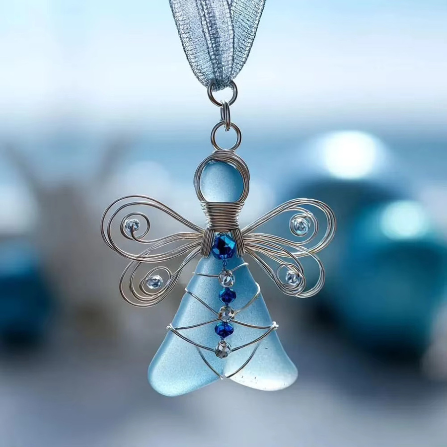 Handgefertigter Seeglas-Engel als Weihnachtsbaumschmuck, Anhänger aus Glas in Transparent und Pink - Bild 2