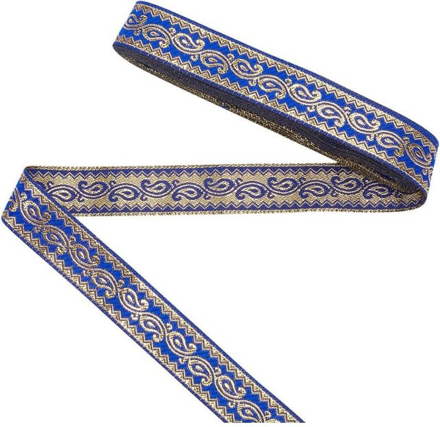 Paisley-Jacquardband aus Polyester im Ethno-Stil mit Stickerei, Farbe Blau und Gold, Breite: 2 cm, Länge: 7 Meter - Bild 1