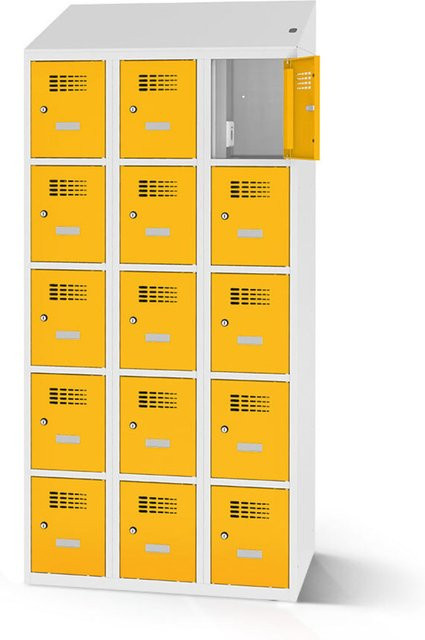 rotstahl Fächerschrank mit Ladefunktion und 15 Fächern in Gelb mit lichtgrauem Korpus, B: 120 cm, H: 200 cm - Bild 1