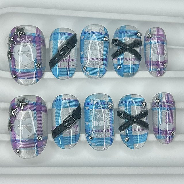 Baddie Y2K Press On Nails, Oval, Kurz, Neon Blau Rosa Kariert, Glänzend - Bild 1