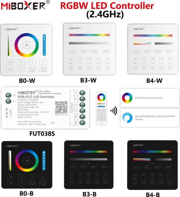 MiBoxer FUT038S+B0/B3/B4 RGBW LED-Controller für COB und LED-Streifen mit 2,4GHz RF Wireless Technologie, 6A pro Kanal und 16 Millionen Farben, DC12-24V - Bild 1