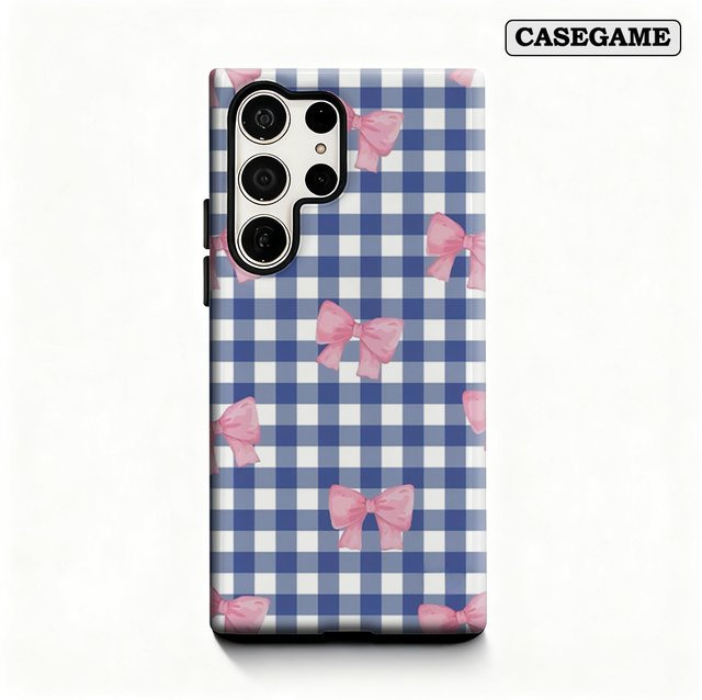 Stoßfeste Gingham Bow Flush Handyhülle für Samsung Galaxy S25 Ultra, S24 und S23 Ultra Plus in Blau mit doppellagiger Rückseite - Bild 1