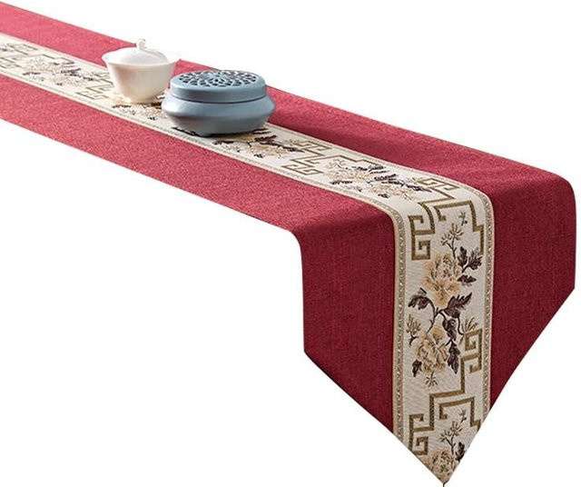 Yinshang Tischläufer im orientalischen Zen-Stil, wasserabweisende Teematte mit Streifenmuster in Rot, B/T: 30 x 220 cm - Bild 1