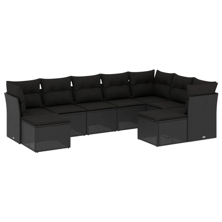 vidaXL 9-tlg. Garten-Sofagarnitur in U-Form aus Poly-Rattan mit Kissen und Stauraum, Schwarz - Bild 2