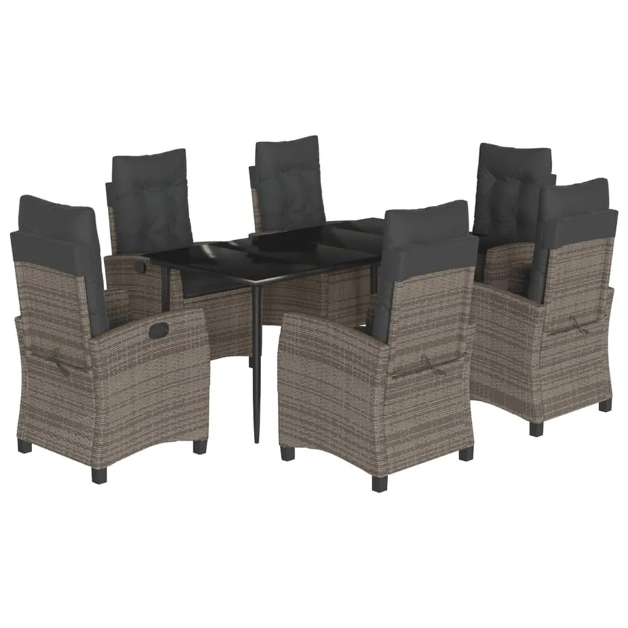 vidaXL 7-teilige Garten-Essgruppe aus Poly Rattan mit Kissen in Grau und Glastisch - Bild 2