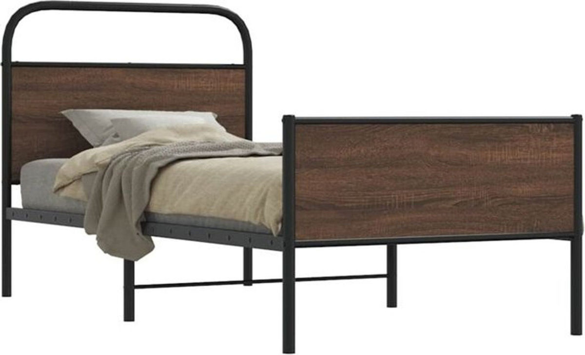 Bettgestell Einzelbett vidaxl in Braun mit Eichen-Optik aus Holz und Stahl im Industrial-Stil, B/T/H: 90 x 200 cm - Bild 1