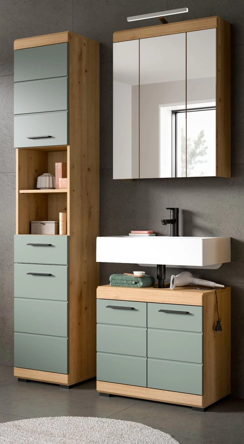 3-teiliges Badmöbel Set Shawn von Inn.Furn in Grün und Eiche mit Waschtischunterschrank, Spiegelschrank und Hochschrank, Breite: 112 cm - Bild 1