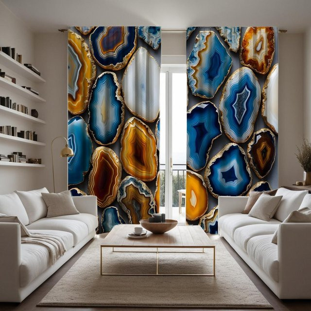 2er-Set dekorative Vorhänge im nordischen Stil mit blauem Achat-Texturmuster, digital bedruckt, Farbe: Blau/Schwarz, B: 132 cm, H: 160 cm - Bild 1