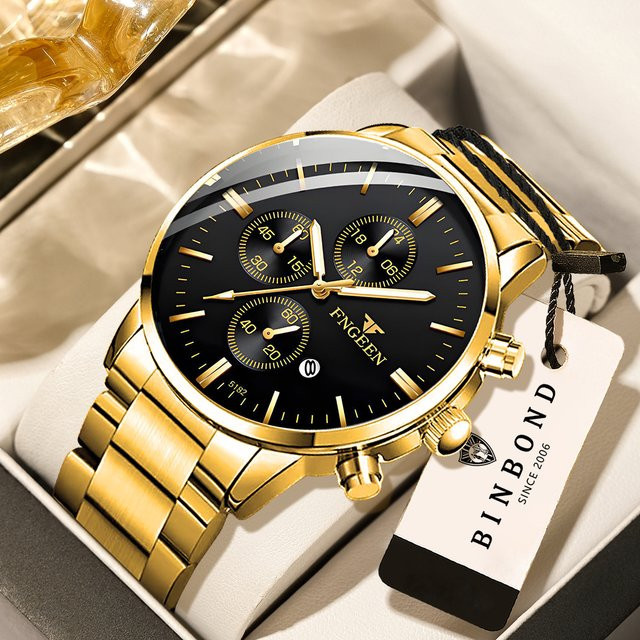BINBOND Armbanduhr Quarz, Edelstahl, Schwarz, Gold, Herren, Datum - Bild 1