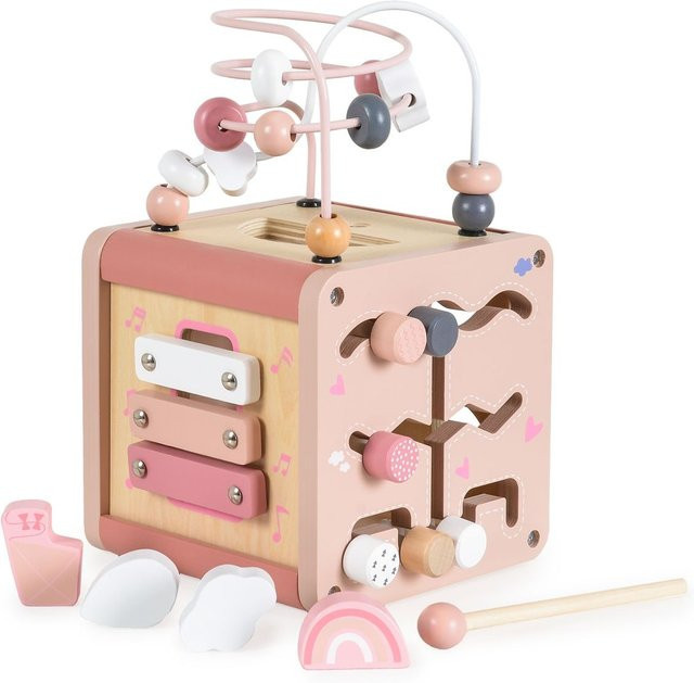 Moni Aktivitätswürfel Holz, Sortierspiel, Xylophon, Labyrinth, rosa - Bild 1