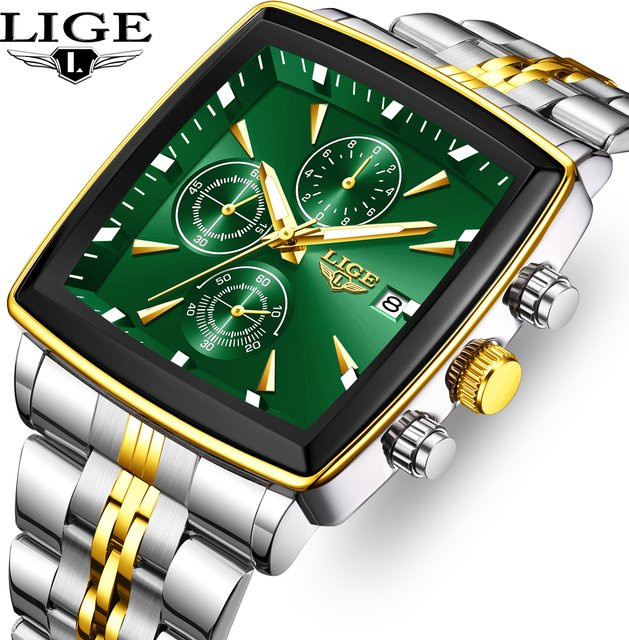 LIGE Armbanduhr Quarz, Edelstahl, Bicolor, Grün, Eckig, Herren - Bild 1