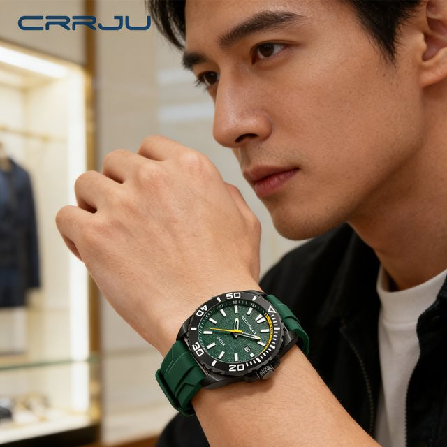 CRRJU Herrenuhr, Quarz, Silikon, Grün, Datum - Bild 1