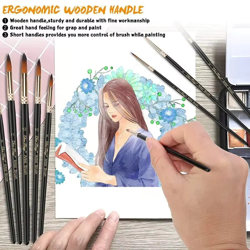 12er Set Professionelle Künstlerpinsel mit runder Spitze aus schwarzem Nylon für Aquarell, Acryl und Ölfarben - Bild 4