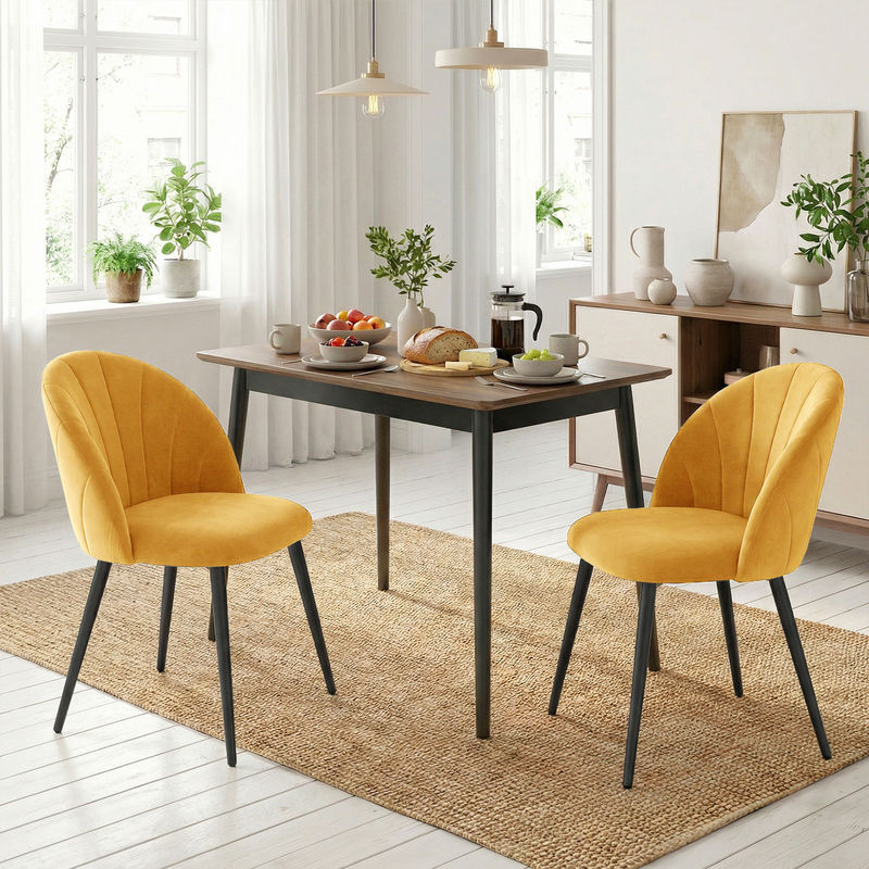 HOMCOM Set mit 2 Esszimmerstühlen aus Samt in Gelb mit Muschel-Rückenlehne und Stahlbeinen im skandinavischen Stil - Bild 2
