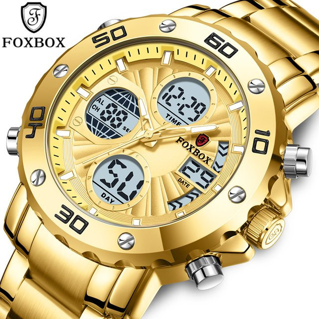 FOXBOX Digitaluhr, Quarz, Edelstahl, Gold, Blau, Herren - Bild 1