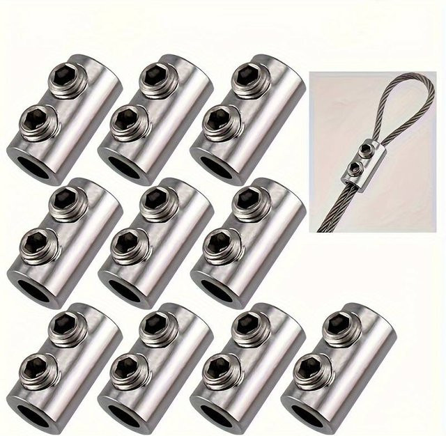 10 Stück verstellbare Edelstahl-Drahtseil-Sperrklemmen in Silber als selbstsichernde Befestigungselemente mit Doppelloch-Teleskop-Funktion - Bild 1