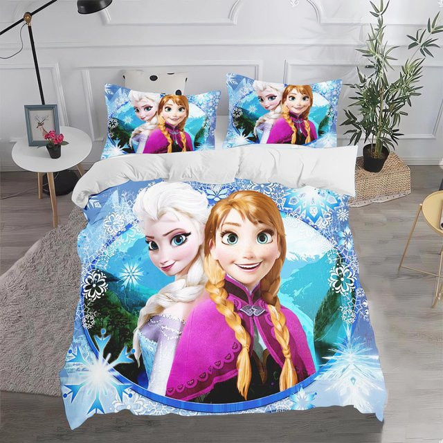 Paslu Bettwäsche-Set Eiskönigin Elsa und Anna mit Cartoon-Design, Blau, 3-teilig, B: 200 cm, H: 230 cm - Bild 1