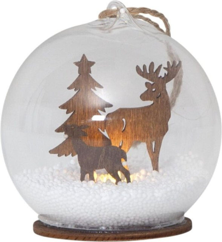 Star Trading Leuchtende Glaskugel Fauna mit Rentier aus Holz, Schneekugel mit LED in Warmweiß, Durchmesser: 8 cm - Bild 1