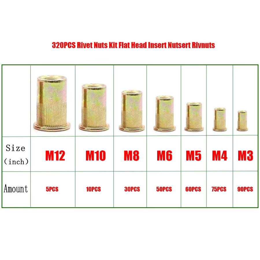 320-teiliges Nietmuttern-Set aus Stahl in Silber mit Flachkopf-Einsätzen und Gewindeeinsätzen der Größen M3-M12 - Bild 3