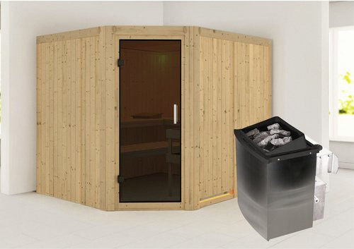 Karibu Sauna Haapsalu aus Fichtenholz mit 9 kW Saunaofen und integrierter Steuerung für 4 Personen, Farbe: beige/grau, B/T/H: 231 x 196 x 198 cm - Bild 1