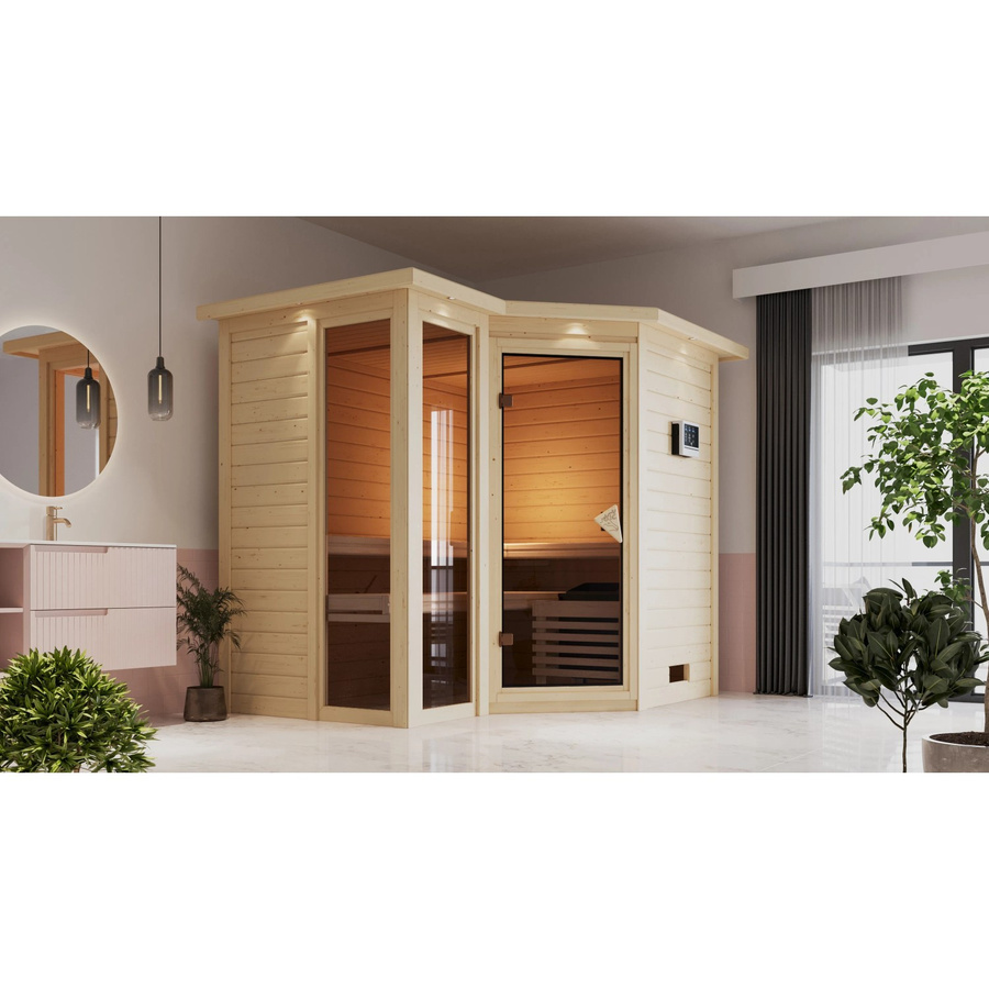 Karibu Massivholzsauna Amalia aus Fichte mit LED-Dachkranz in Natur, B: 236 cm, T: 212 cm, H: 198 cm - Bild 3