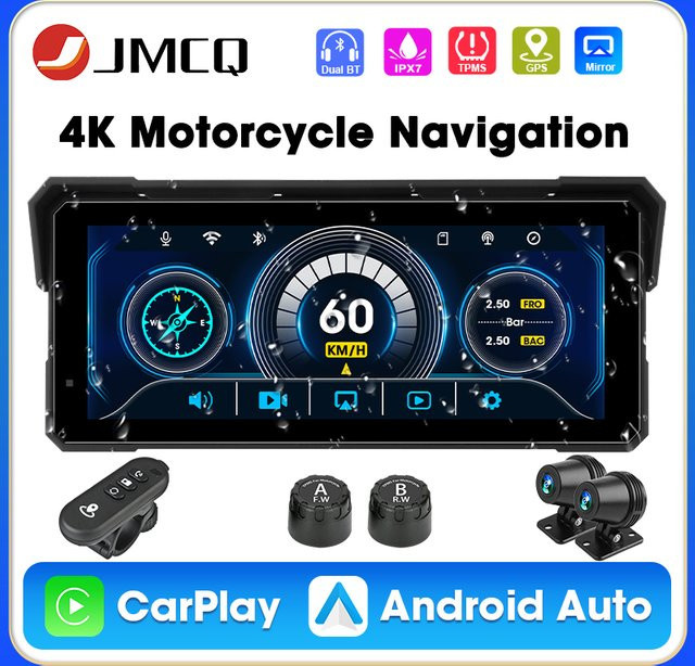JMCQ Motorrad CarPlay GPS Navigation mit 4K und 1080P Dual Objektiv Moto DVR, Drahtlos Android Auto, IPX7 Wasserdicht, 5,8 Zoll, Schwarz - Bild 1