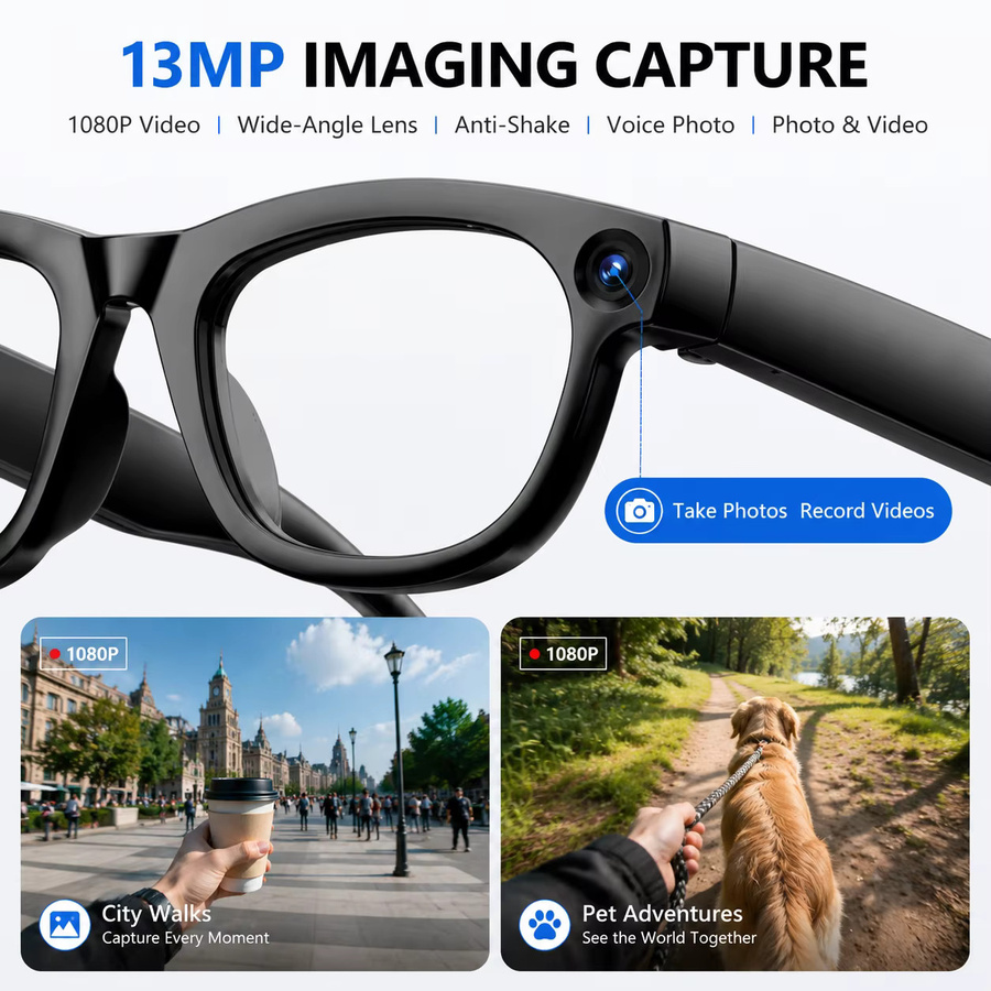 GUHUAVMI KI-Smart-Brille mit 1300W Pixel-Kamera, 32GB Speicher und Echtzeit-Übersetzung, Schwarz/Transparent - Bild 2
