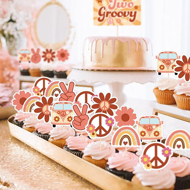 Böhmische Regenbogen Blumen Cupcake Topper aus Papier für deine Party-Dekoration in Mehrfarbig - Bild 1