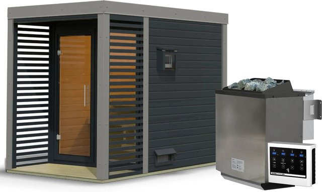 Karibu Saunahaus Seros Blockbau mit 9 kW Bio Ofen in Anthrazit und Graualuminium - Bild 1