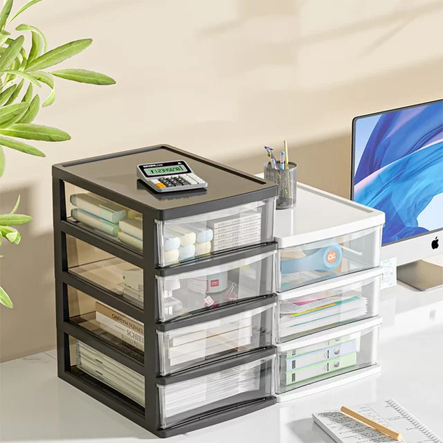 HOMEFISH Schreibtisch-Aufbewahrungsbox aus Kunststoff mit Schublade und mehreren Fächern, transparent/schwarz - Bild 1