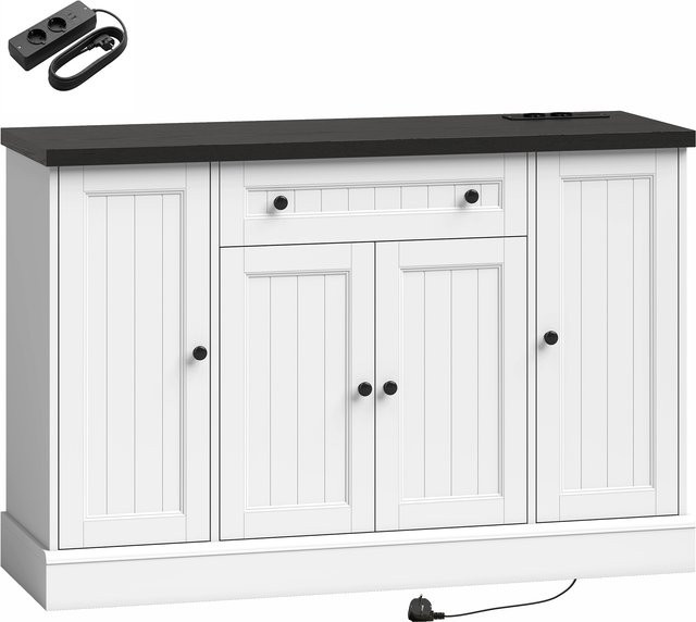 HOMCOM Sideboard im Landhausstil mit Ladestation, Aufbewahrungsschrank mit 4 Türen, Schublade und verstellbaren Regalen, Weiß und Schwarz, B/T/H: 120 x 40 x 80 cm - Bild 1