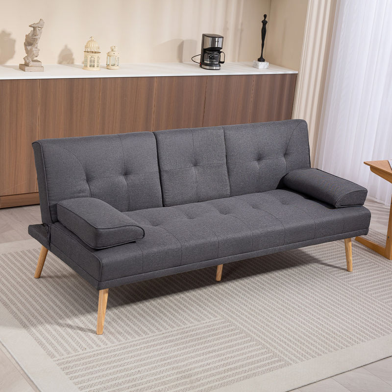 HOMCOM 3-Sitzer Schlafsofa in Leinenoptik mit klappbarem Tisch und Becherhalter, Skandi-Design, Grau, B: 181 cm, T: 95,5 cm, H: 72 cm - Bild 2