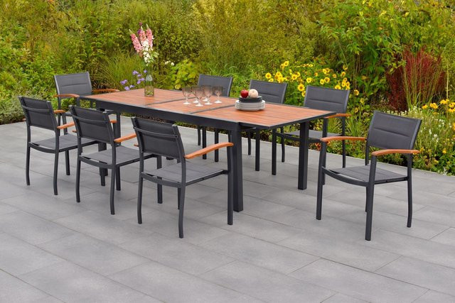 Merxx Paxos 9-tlg. Gartenmöbel Set mit ausziehbarem Tisch und 8 Stapelsesseln in Anthrazit und Grau aus Akazie und Aluminium - Bild 1