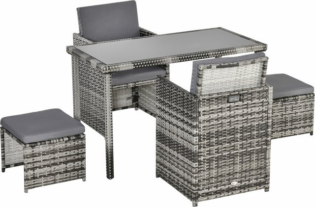 Outsunny Polyrattan Sitzgruppe für 4 Personen mit Kissen, moderne Essgruppe aus Rattan und Metall in Grau, wetterfest für Garten, Balkon und Terrasse - Bild 1