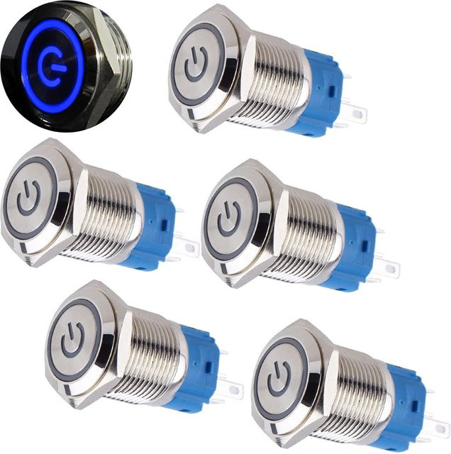 AOKIN Metall-Drucktastenschalter Set, 5 Stück, wasserdicht und vandalensicher, 16 mm, silberfarben und blau, 12 V-24 V, EIN/Aus, für 5/8 Zoll Montageloch - Bild 1