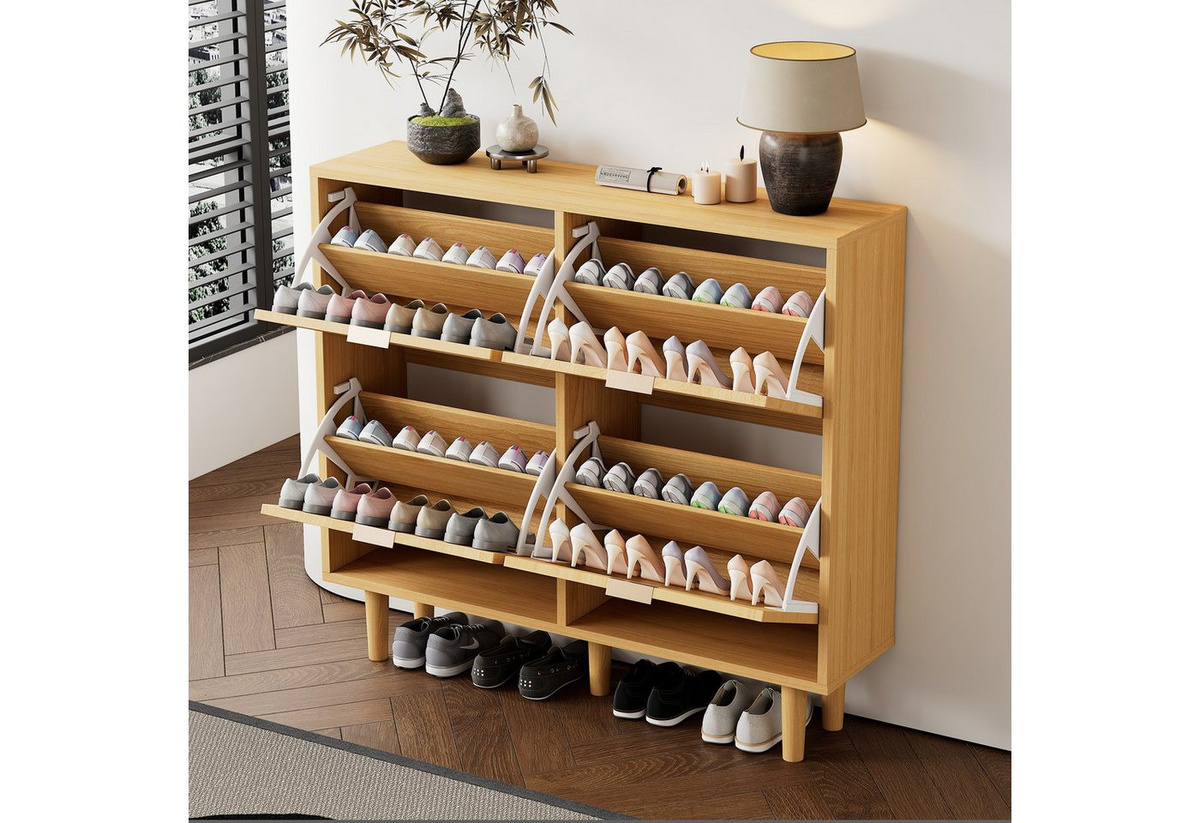 Flieks Schuhschrank mit 4 Rattan-Klappen und Metallgriffen, Schuhregal und Schuhkommode aus Holz mit Massivholzbeinen, B/T/H: 100 x 25 x 90,3 cm - Bild 1
