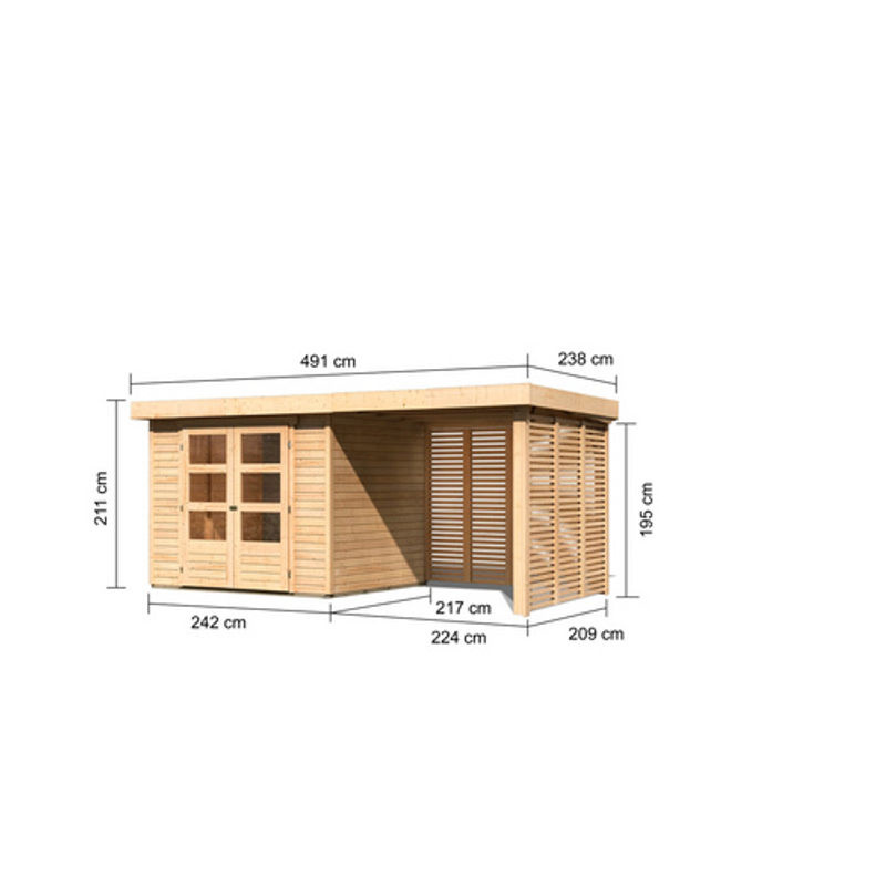 Gartenhaus Holz ASKOLA 3 Flachdachhaus in Naturbelassen mit Anbaudach B: 242 cm, H: 217 cm, Wandstärke: 19 mm - Bild 2