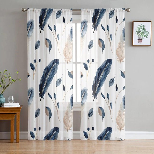 Transparentes Tüll-Vorhang mit abstraktem blauem Feder-Aquarell-Design von Your Warm Home in Weiß und Blau, B: 135 cm, H: 114 cm - Bild 1